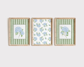 Hydrangea print set of 3, Sage green hydrangea wall art, Floral art print, Hydrangea printable download, Hydrangea watercolor print