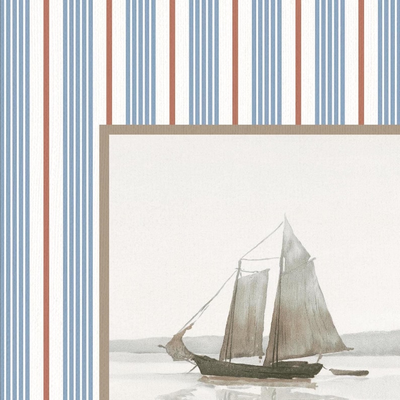 May include: Watercolor painting of a sailboat on the water, framed by a neutral border. The background features a pattern of vertical stripes in blue, red, and white, creating a nautical theme.