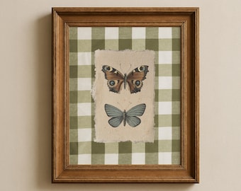 Green gingham butterfly print, Farmhouse wall art, Cottagecore prints, Digital downloadable wall art, Sage green wall art