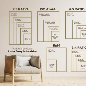 May include: Wall art size guide with dimensions in inches and centimeters. The guide includes ratios such as 2:3, 4:5, and 3:4, as well as ISO A1-A4 sizes. The text "Lana Cozy Printables" is also visible.
