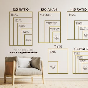 May include: Wall art size guide with dimensions in inches and centimeters. The guide includes ratios such as 2:3, 4:5, and 3:4, as well as ISO A1-A4 sizes. The text "Lana Cozy Printables" is also visible.