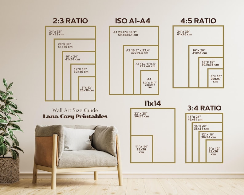 May include: Wall art size guide with dimensions in inches and centimeters. The guide includes ratios such as 2:3, 4:5, and 3:4, as well as ISO A1-A4 sizes. The text "Lana Cozy Printables" is also visible.
