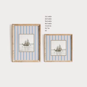 May include: Two framed nautical-themed prints. Each print features a sepia-toned sailboat image within a square frame. The frames are set against a background of blue and red vertical stripes. The text on the left indicates the available print ratios.