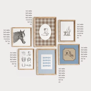 May include: A collection of framed art prints with a Western theme. The prints feature a horse head, cowboy boots, cacti, cowboy gear, a cowboy roping a steer, and the word "HOWDY" in a blue striped frame. The frames are gold.