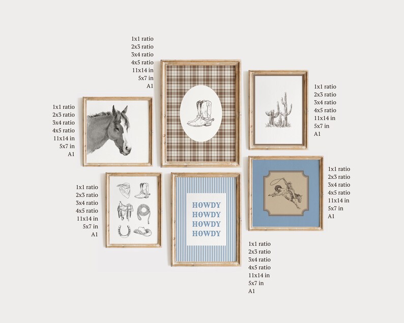 May include: A collection of framed art prints with a Western theme. The prints feature a horse head, cowboy boots, cacti, cowboy gear, a cowboy roping a steer, and the word "HOWDY" in a blue striped frame. The frames are gold.