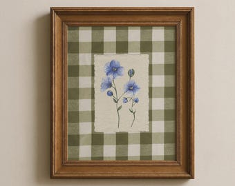 Green gingham flower print, Farmhouse wall art, Cottagecore prints, Digital downloadable wall art, Gingham printable wall art