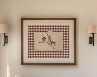 Western print horizontal, Sketch cowboy art digital download, Gingham wall art