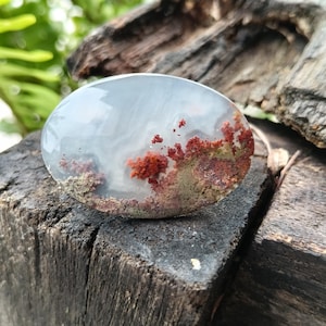May include: Oval-shaped polished gemstone with a translucent, milky white base. The stone features intricate inclusions of red and brown, resembling a miniature landscape. The gemstone is displayed on a weathered wooden surface.