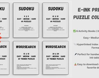 Sudoku and Wordsearch for reMarkable, Kindle Scribe, Supernote, Boox – 6 PDF Puzzle Books with Hyperlinked Index & Solutions – Personal Use