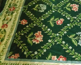 Vintage 9" by 12' Wool Needle Point Rug Multi Green Floral Motif Pink Roses Blue Flowers Beautiful Handmade Rug Wall Hanger Area Rug