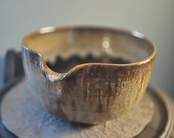 Vintage Studio Artist Pottery Batter Mixing Bowl Stoneware Turned Bowl w Spoon holder Pour Spout signed Glazed Brown Tones