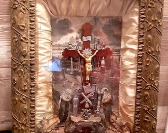 Antique 1877 Thy Kingdom Come Religious Jesus Mixed Media Crucifix Diorama Catholic Shadowbox