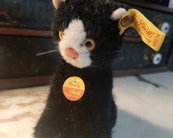 Steiff Vintage Pussy Cat  Black Plush Original Yellow OHR Ear Button 1493/14 Paper Name Tag Black Cat Tabby Cat Kitty Cat Perfect Condition