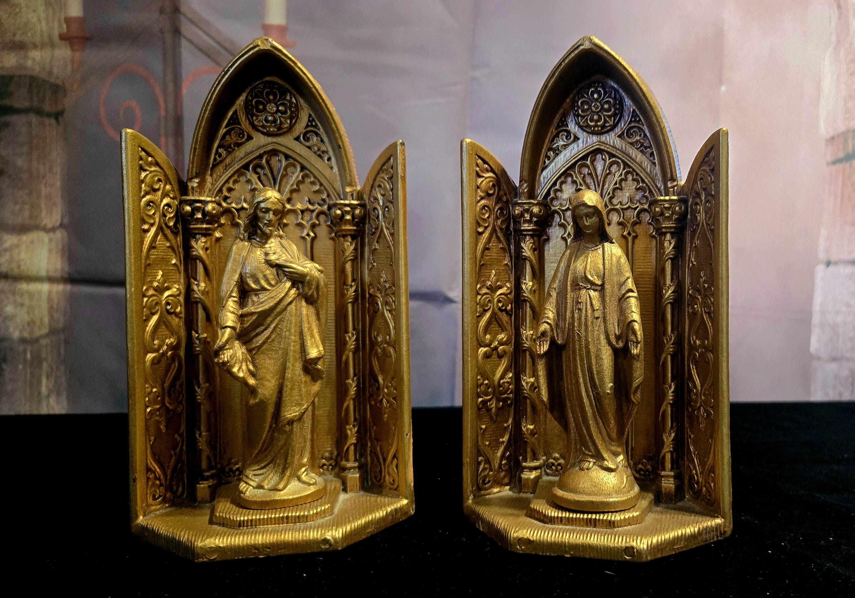 Antique Virgin Mary Sacred Heart Statues in Creche Mid Century Multi Products Inc 1951 religious Catholic Alter Shrine  Gold Gilt Sgnd dated