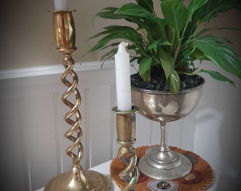 Vintage English Barley Twist Brass CandleStick Holder Pair Jacobean Revival Open Rope Twist Candle Stick Set