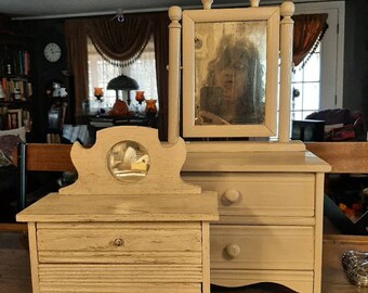 Antique 1900s Wooden Primitive Doll Shabby Chic White Dresser 2 drawers Tilt Mirror Ball and Stick Salesman Sample Great Display