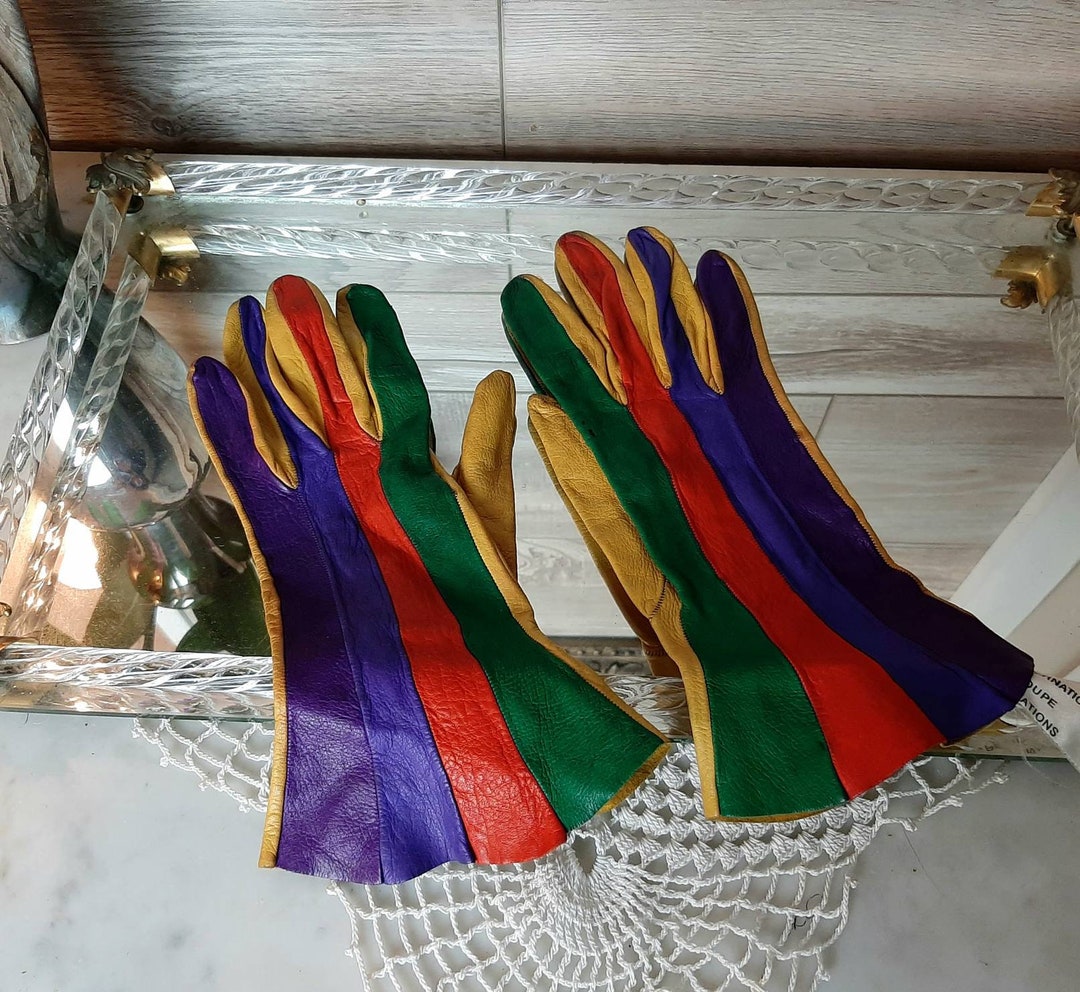 Vintage Kid Goat Skin Victorian Gloves With Beautiful Multi Color