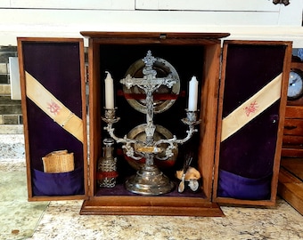 Antique Last Rites Call Box Viaticum Wooden Cabinet Religious Home Altar Communion SilverPlate Catholic Christian