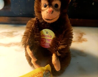 Steiff Vintage Jocko Monkey 1950s Mini Chimp Chimpanzee Brown Mohair Original Yellow Ear Button Paper Name Tag Perfect Condition