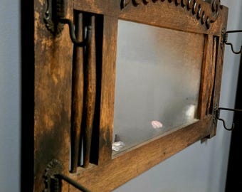 Antique Entryway Oak Wall Mirror Metal Swivel Hooks Spindel Sides Hat Rack Coat Rack Victorian Eastlake Mission Art Craft Unique Home Decor