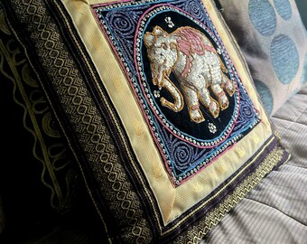 Vintage Burmese Empire Kalaga Pillow Ceremonial Elephant Embroidary Sequins 3D Relief Trapunto