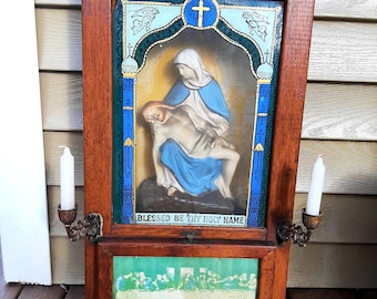 Last Rites Jesus Shadowbox Framed Shrine Antique Religious Vintage Catholic Chalkware Jesus Mary Pieta Statue Oak Removable Candle Holders