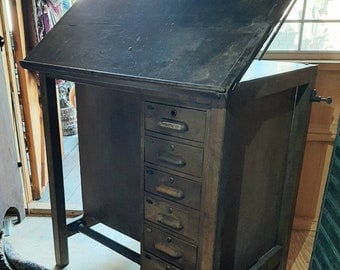 Antique Vintage Hamilton Mfg Drafting Engineer Architect Desk Original Label Cabinet Adjustable Board Top Suppy Drawers  No Free Ship PickUp