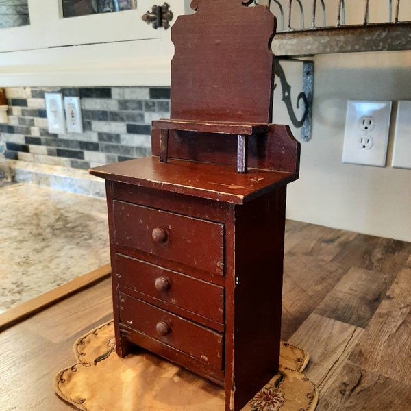 Antique 3 Drawer 1900s Wooden Primitive Doll Chest Dresser Old Barn Red Mantel Wood Knobs Country Folk Art Miniature Salesman Sample Display