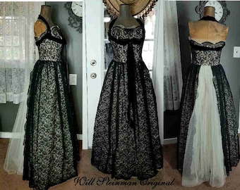 Vintage 50s Will Steinman Original label Black Chantilly Lace Debut Gown Peek A Boo Back Velvet Halter Tulle Elegant  Dress