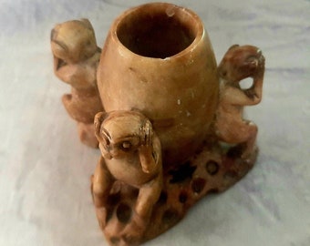 Soapstone Carved Inkwell Paint Brush Holder Vintage  3 Wise Monkeys See No Evil Speak No Evil Hear No Evil Asian Style