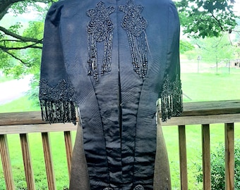 Antique 1800s 1900s Edwardian Victorian Black Mourning Cloak Capelet Mantle Black Jet Bead Coat Jacket Shrug for Witch Gothic Steampunk