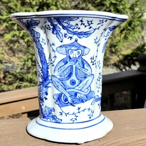 Vintage Chinoiserie Monkey Vase Asian Blue White Porcelain Hear No Evil Speak No Evil Poses Home Decor Cottage Chic