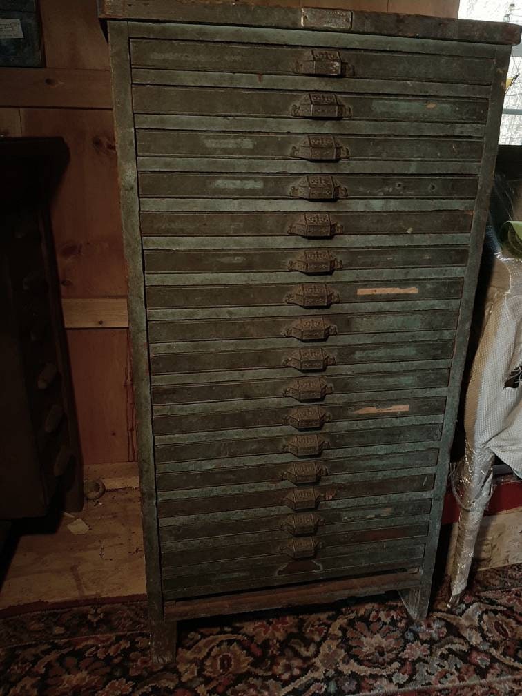 Antique Wooden Printers Cabinet Orig Blue Green Paint 17