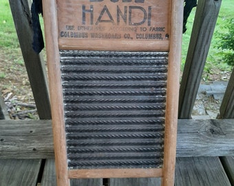 DUBL HANDI  Primitive Scrub Board Antique Vintage Metal Wooden Traveling Washboard Colombus Ohio. Rustic Farmhouse Mountain Cabin Decor Orig