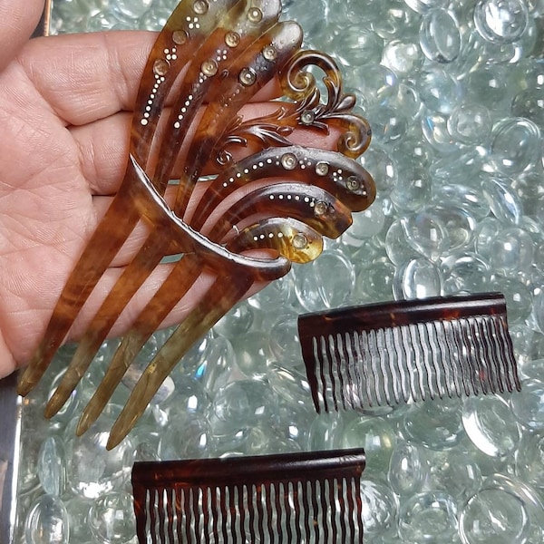 Spanish Hair Comb Vintage Pieneta Mantilla Fan Comb Celluloid Honey Tortoiseshell Clear Rhinestone type Edge plus two hair combs 3 pcs
