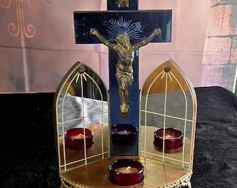 Vintage Religous Catholic Home Altar Viaticum 1930s Blue Glass Crucifix Art Deco 2 Section Etched Glass Table or Wall  Red Glass Candle