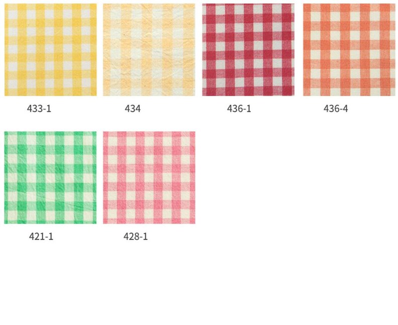 May include: A collection of fabric swatches featuring a classic gingham pattern in various colors. The swatches include yellow, peach, red, orange, green, and pink, each with a white grid overlay. Each swatch is labeled with a number.