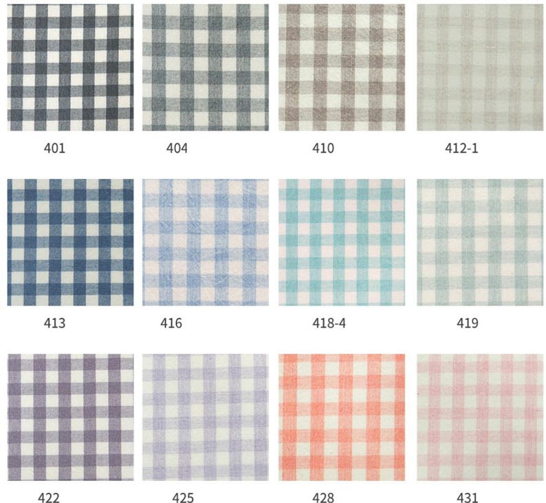 May include: A collection of fabric swatches with various gingham patterns. The swatches display a range of colors, including black, gray, blue, and pastel shades of pink, orange, and green. Each swatch is labeled with a number.