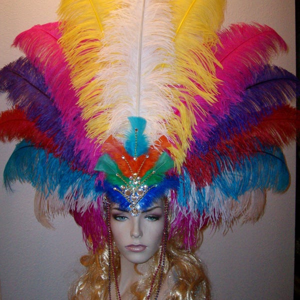 Grand Ceasers Palace Vegas Showgirl Carnival Samba Costume Bling Rhinestone Feathers Headpiece