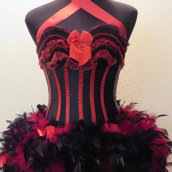 Red Stripes American Horror Story Circus Clown Ring Leader Halloween Costume Corset Feather Burlesque Dress or Top Hat