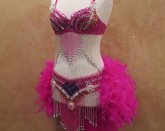 Caribbean Carnival Samba Mardi Gras Costume Parade Showgirl Sequin Feather Dress Small/Medium Headpiece