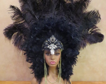 Huge Rhinestones Feather Jewels Vegas Showgirl Carnival Samba Costume Headpiece