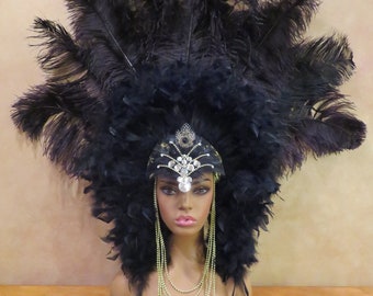 Huge Rhinestone Feather Carnival Samba Headpiece Mardi Gras Parade Vegas Showgirl Crown