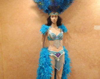 Blue Las Vegas Showgirl Chorus Girls 5 Piece Beaded Costume includes Circus Carnival Rhinestone Beaded Feather Headpiece Peacock Design
