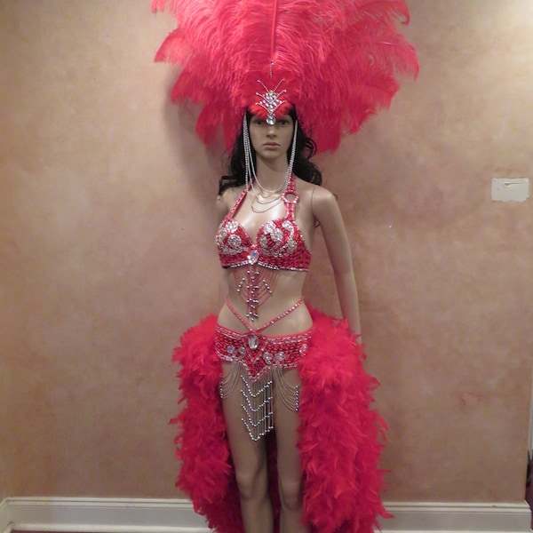 Red Caribbean Carnival Mardi Gras Samba Rhinestone Feathers Bikini Outfit with or without Headpiece *many colors available*