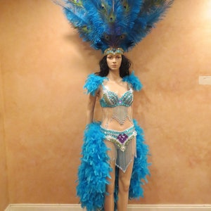 Caribbean Carnival Samba Queen Feather Costume includes Circus Carnival Rhinestone Beaded Feather Headpiece Peacock Design