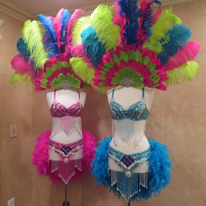 Disfraz de carnaval caribeño, samba, espectáculo de Mardi Gras, vestido de plumas con diamantes de imitación y tocado.