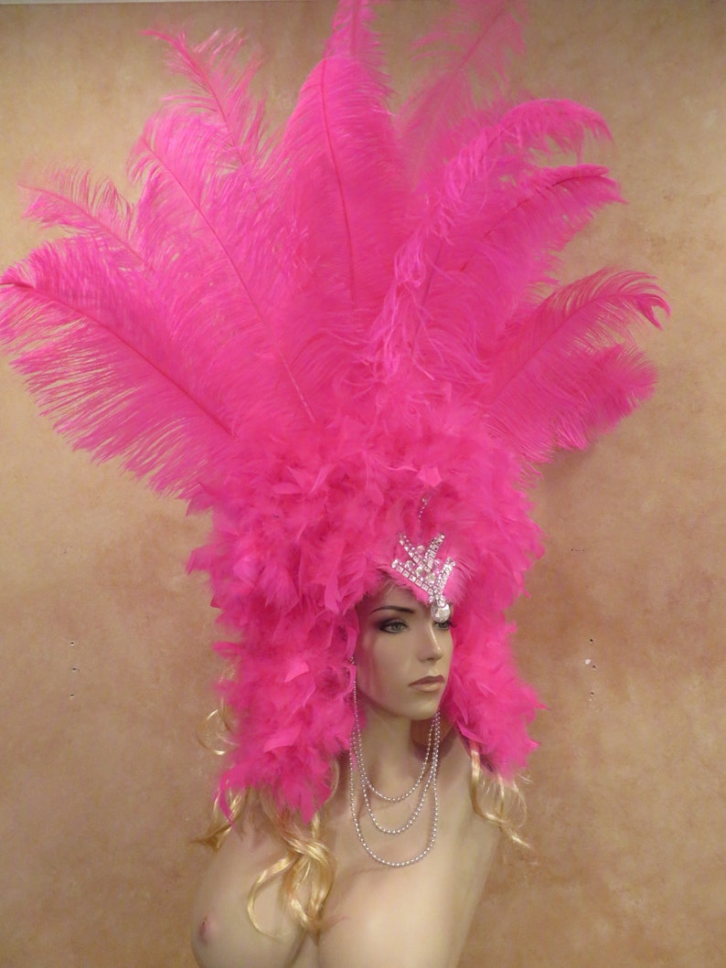 K&ouml;nnte beinhalten: Ein rosa Federkopfschmuck mit einer Juwelenkrone und einer Perlenkette. Der Kopfschmuck besteht aus gro&szlig;en, flauschigen Federn und ist perfekt f&uuml;r ein Kost&uuml;m oder eine Party.
