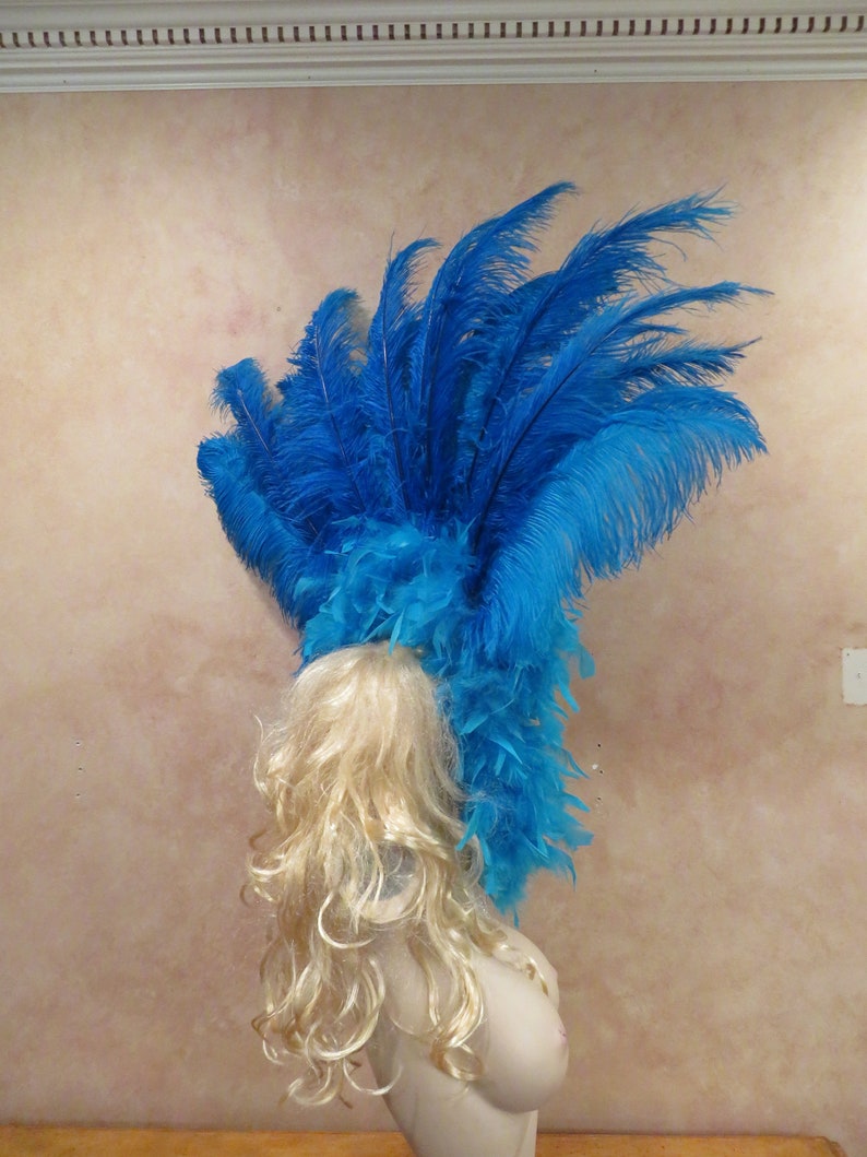 K&ouml;nnte beinhalten: Ein blauer Federkopfschmuck mit einer gro&szlig;en Federhaube oben. Der Kopfschmuck ist aus blauen Federn gefertigt und hat einen blauen Federbesatz.