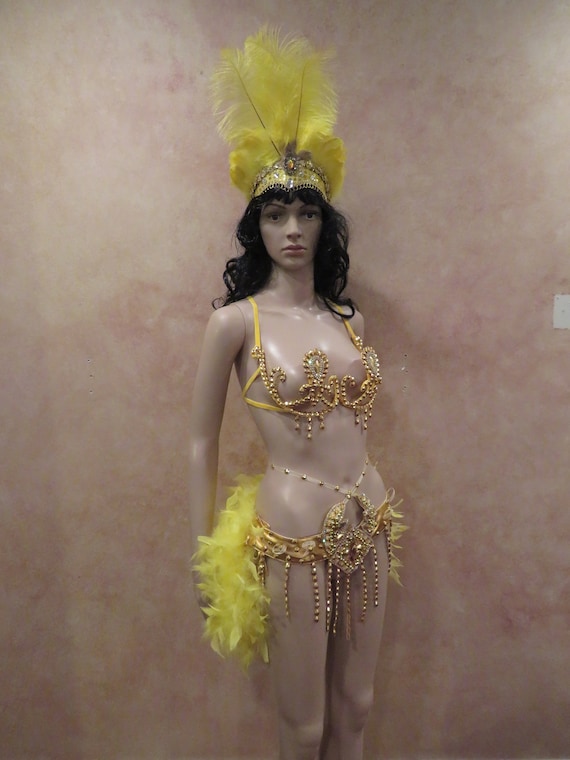 7pc Rhinestone Feather Costume Bra Skirt Cuffs Showgirl Carnival Angel Feather